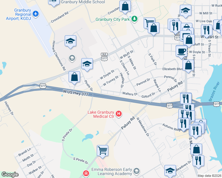 map of restaurants, bars, coffee shops, grocery stores, and more near 111 Melynn Court in Granbury