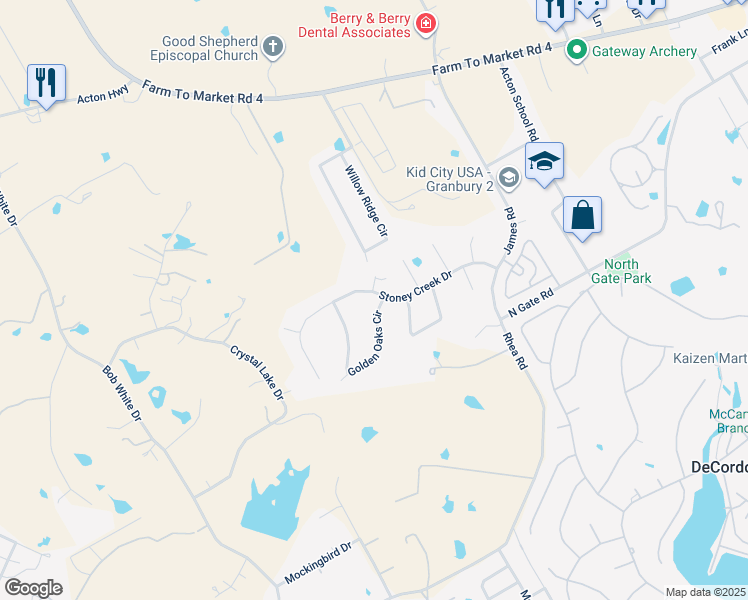 map of restaurants, bars, coffee shops, grocery stores, and more near 3200 Golden Oaks Circle in Granbury