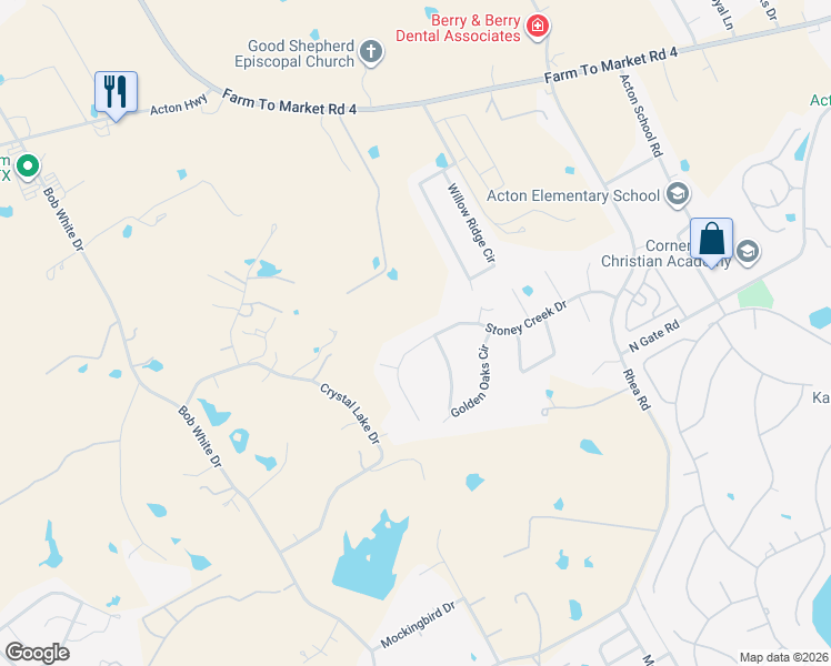 map of restaurants, bars, coffee shops, grocery stores, and more near 4626 Stoney Creek Drive in Granbury