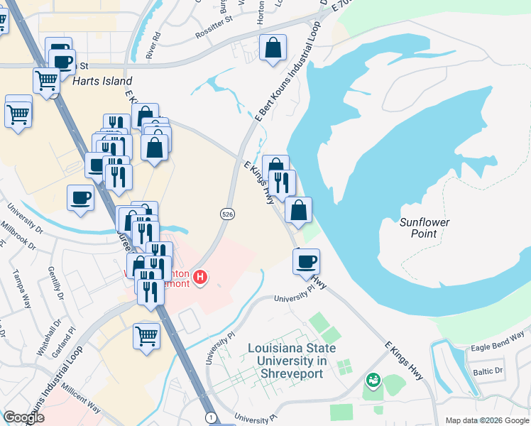 map of restaurants, bars, coffee shops, grocery stores, and more near 7720 East Kings Highway in Shreveport
