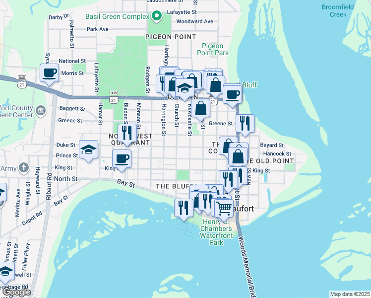 map of restaurants, bars, coffee shops, grocery stores, and more near 1106 Duke Street in Beaufort