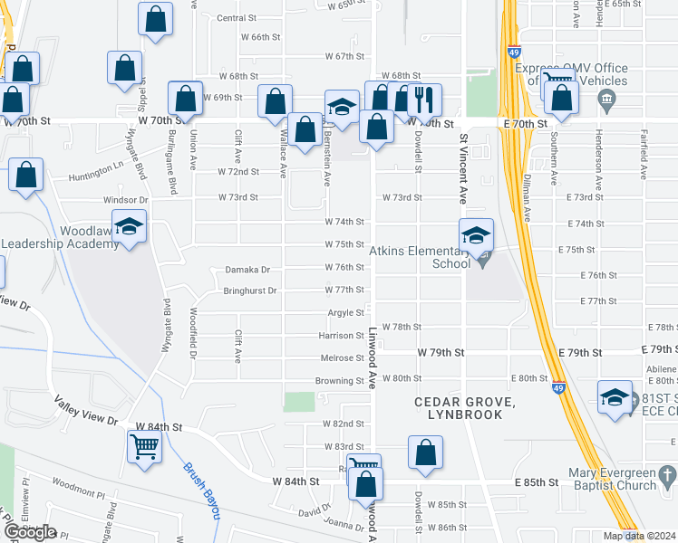map of restaurants, bars, coffee shops, grocery stores, and more near 434 West 76th Street in Shreveport