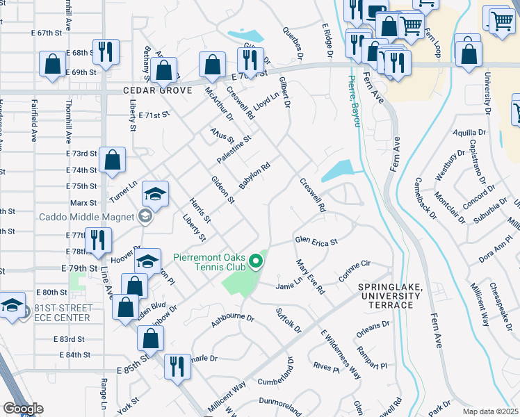 map of restaurants, bars, coffee shops, grocery stores, and more near 562 Spring Lake Circle in Shreveport