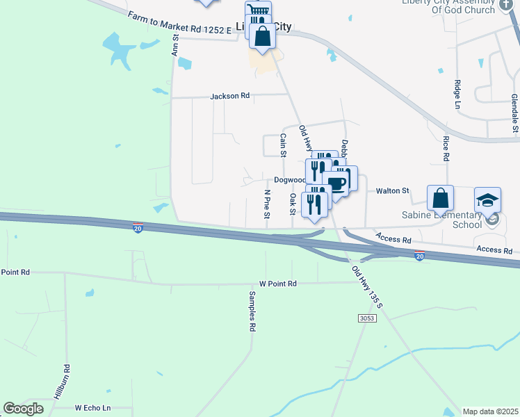 map of restaurants, bars, coffee shops, grocery stores, and more near 194 Pine Street in Kilgore