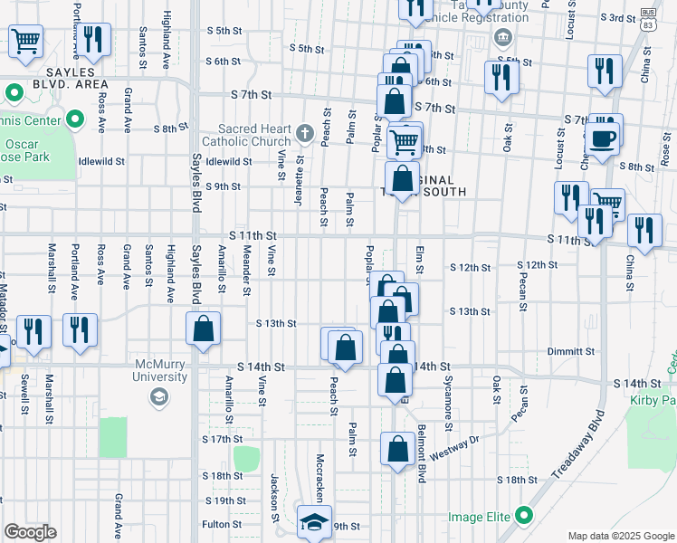map of restaurants, bars, coffee shops, grocery stores, and more near 1174 Palm St in Abilene