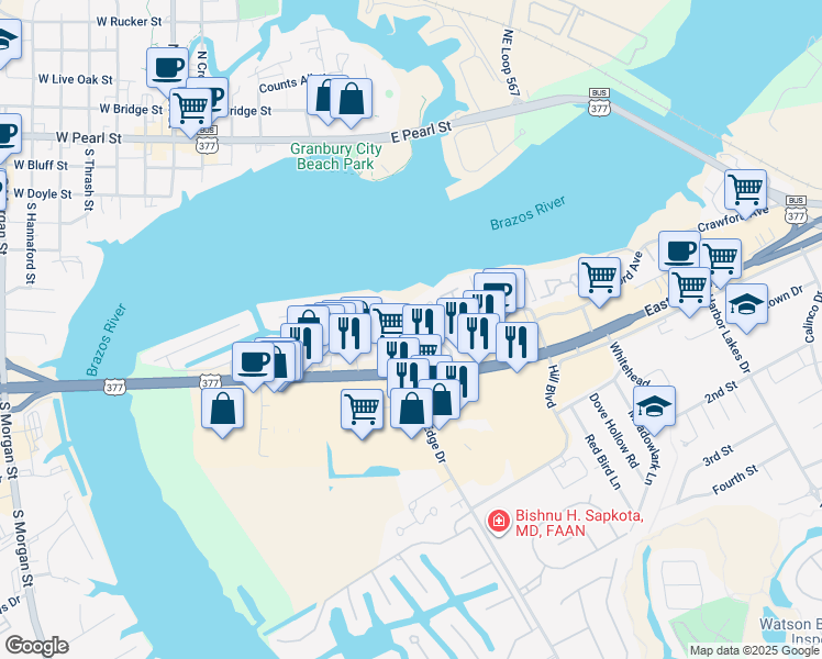 map of restaurants, bars, coffee shops, grocery stores, and more near 916 East US Highway 377 in Granbury
