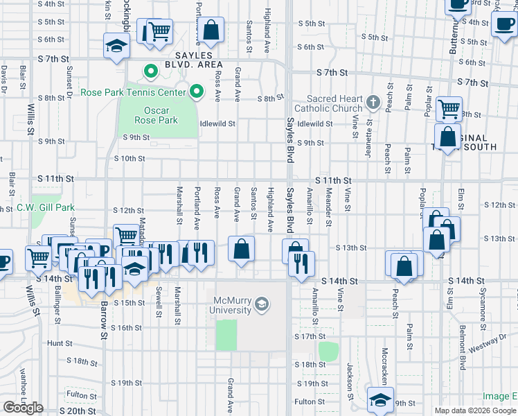 map of restaurants, bars, coffee shops, grocery stores, and more near 1173 Santos St in Abilene