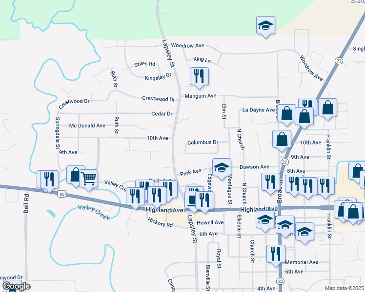 map of restaurants, bars, coffee shops, grocery stores, and more near 501 Columbus Drive in Selma