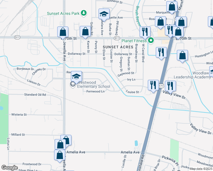 map of restaurants, bars, coffee shops, grocery stores, and more near 3213 Red Bud Lane in Shreveport
