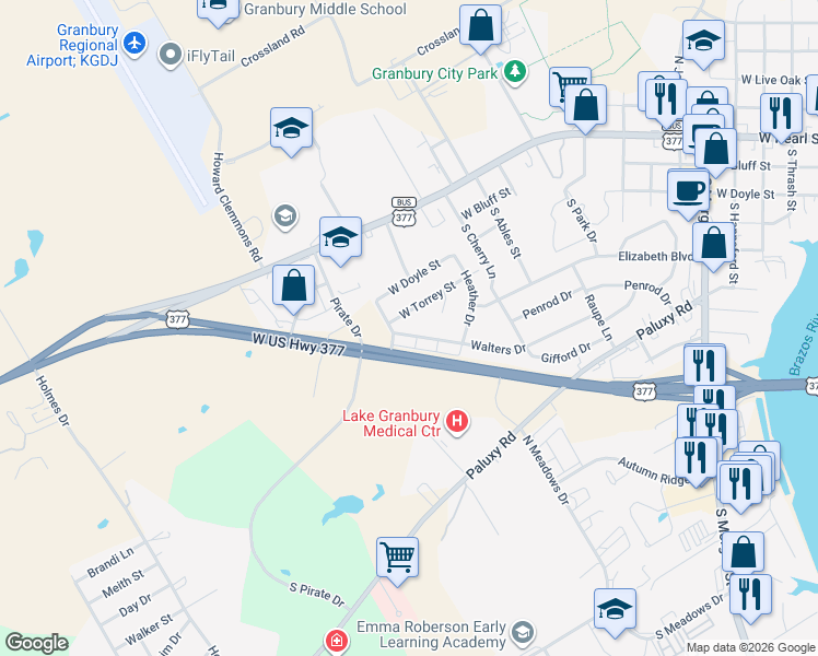 map of restaurants, bars, coffee shops, grocery stores, and more near 1454 Walters Dr in Granbury