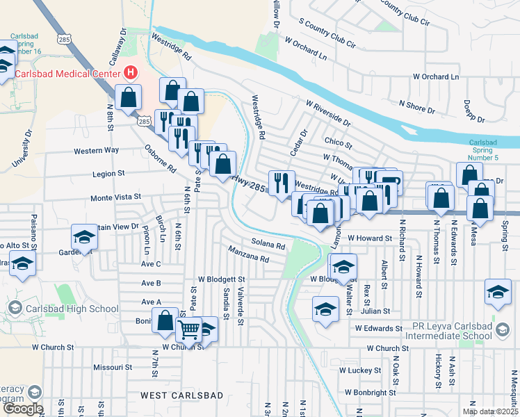 map of restaurants, bars, coffee shops, grocery stores, and more near 1905 West Pierce Street in Carlsbad