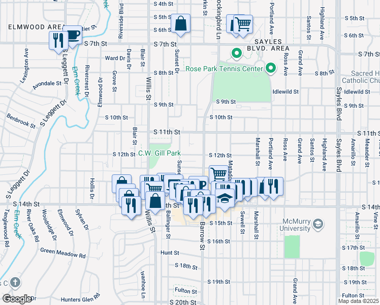 map of restaurants, bars, coffee shops, grocery stores, and more near 3142 South 12th Street in Abilene