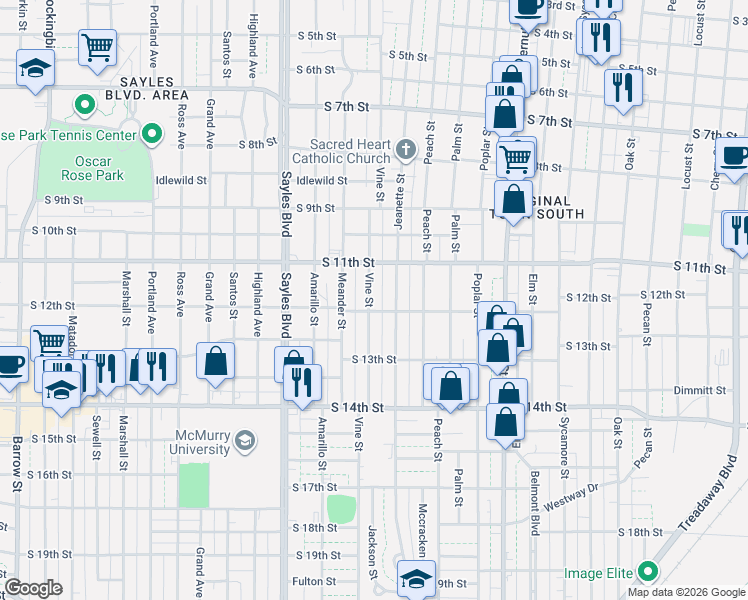 map of restaurants, bars, coffee shops, grocery stores, and more near 1173 Vine Street in Abilene