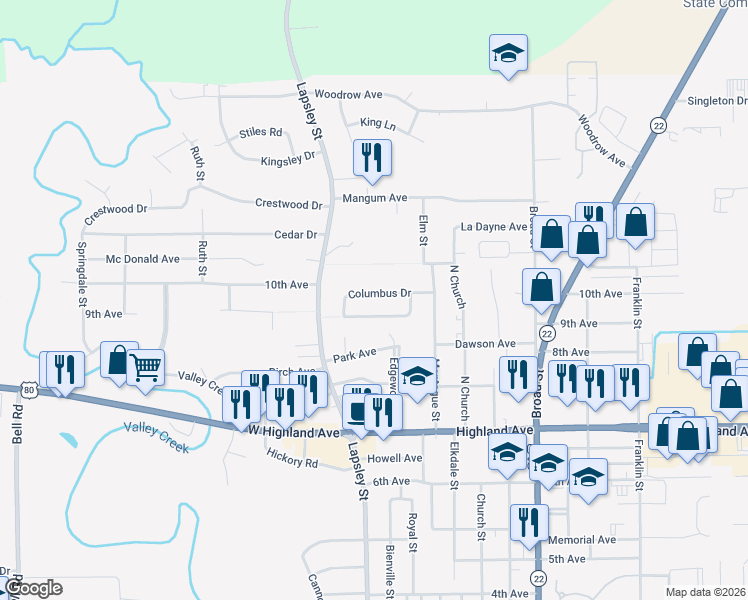 map of restaurants, bars, coffee shops, grocery stores, and more near 512 Columbus Drive in Selma