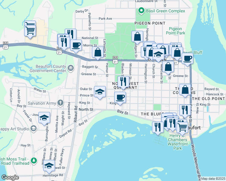 map of restaurants, bars, coffee shops, grocery stores, and more near 1610 Duke Street in Beaufort