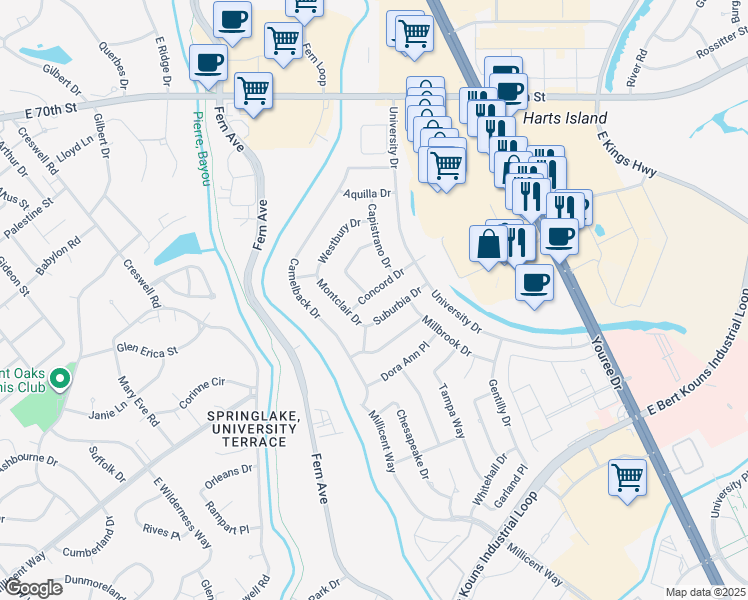 map of restaurants, bars, coffee shops, grocery stores, and more near 1513 Concord Drive in Shreveport