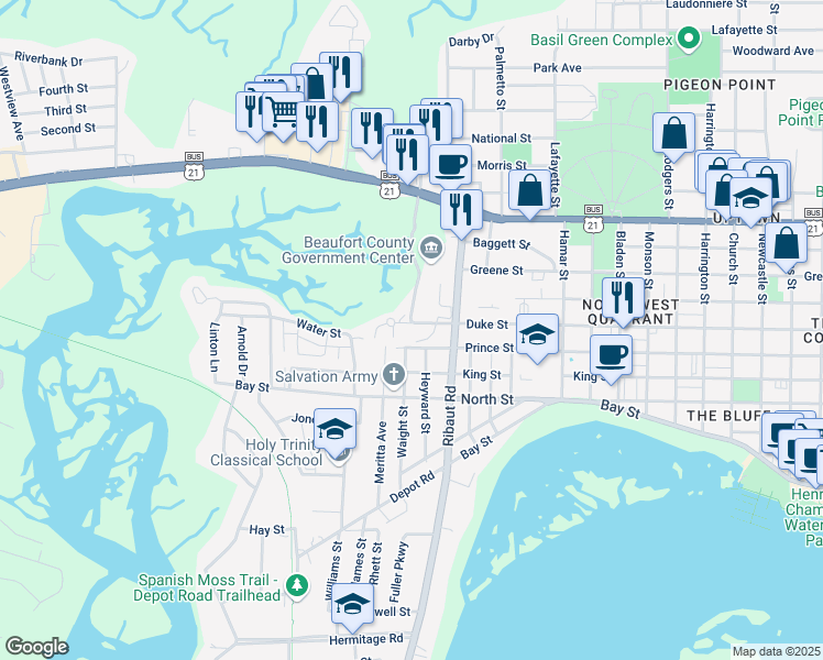 map of restaurants, bars, coffee shops, grocery stores, and more near 2318 Duke Street in Beaufort
