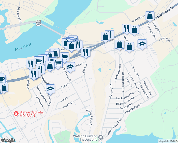 map of restaurants, bars, coffee shops, grocery stores, and more near 801 Calinco Drive in Granbury