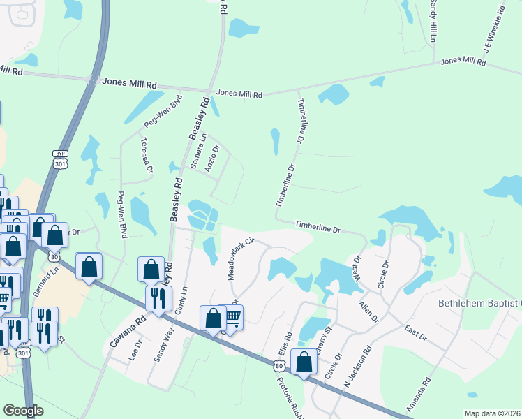 map of restaurants, bars, coffee shops, grocery stores, and more near 208 Timberline Drive in Statesboro