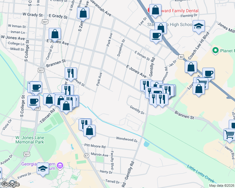 map of restaurants, bars, coffee shops, grocery stores, and more near 508 Granade Street in Statesboro