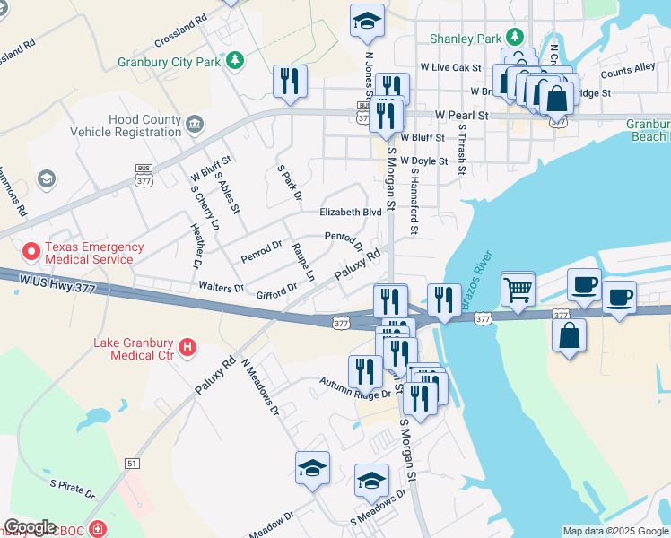map of restaurants, bars, coffee shops, grocery stores, and more near 820 Paluxy Road in Granbury