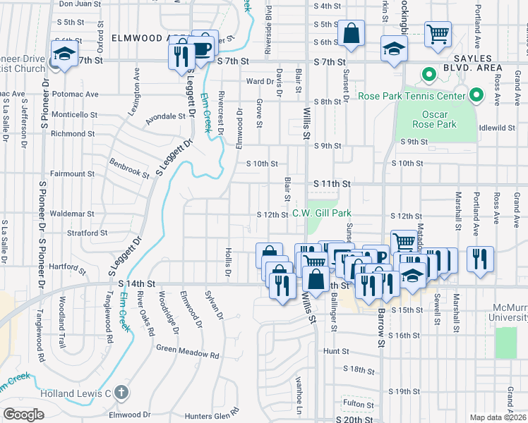 map of restaurants, bars, coffee shops, grocery stores, and more near 1166 Albany Street in Abilene