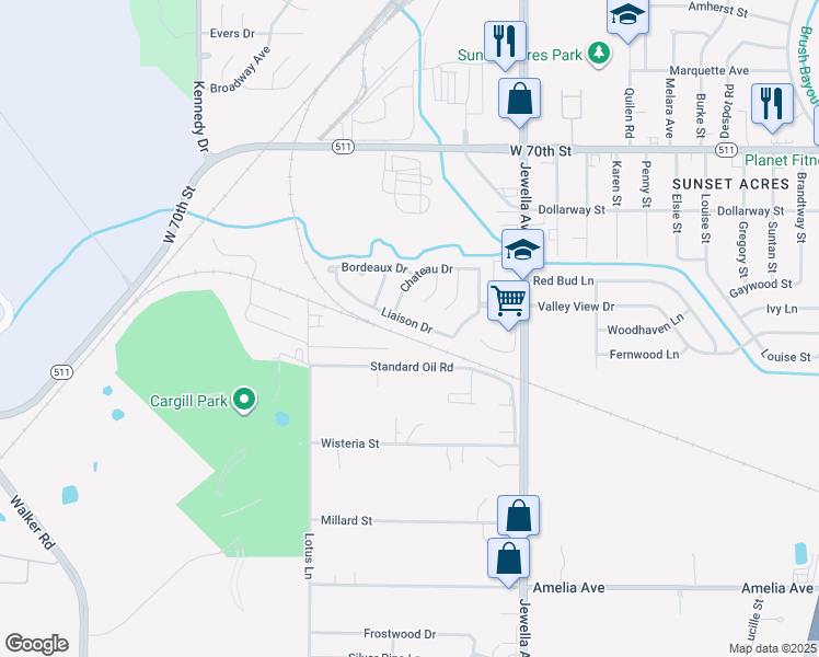 map of restaurants, bars, coffee shops, grocery stores, and more near 3823 Liaison Drive in Shreveport