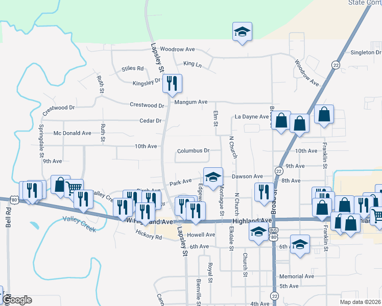 map of restaurants, bars, coffee shops, grocery stores, and more near 512 Columbus Drive in Selma