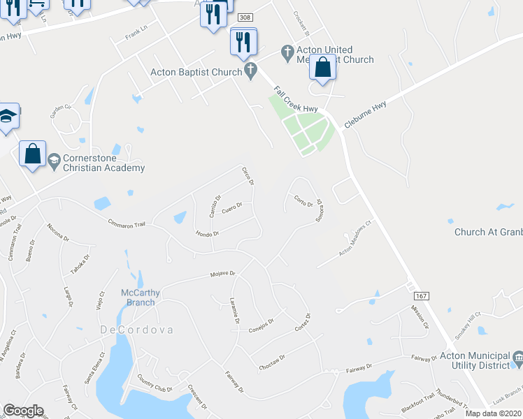 map of restaurants, bars, coffee shops, grocery stores, and more near 6302 Circo Drive in Granbury