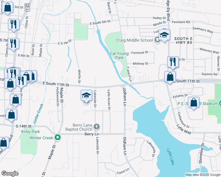 map of restaurants, bars, coffee shops, grocery stores, and more near 701 East South 11th Street in Abilene