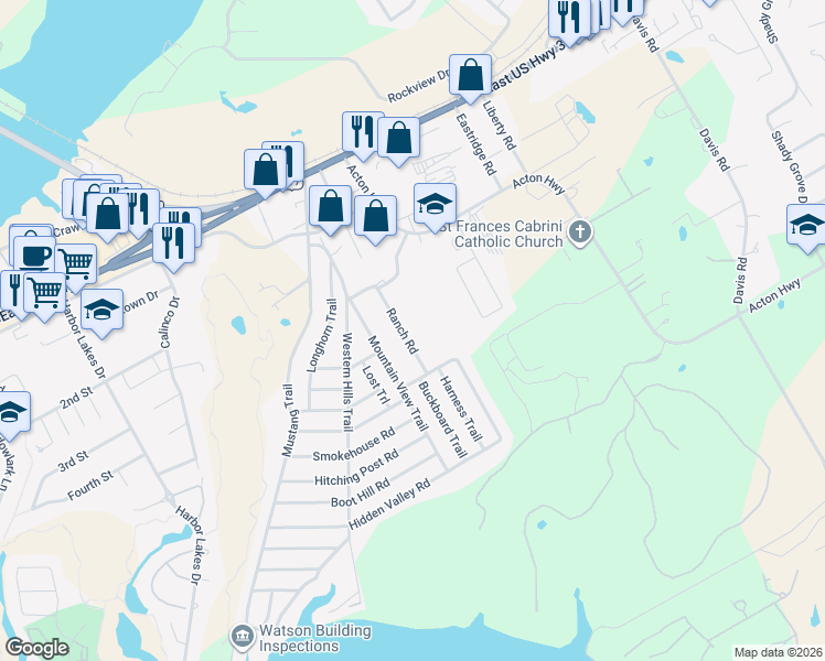 map of restaurants, bars, coffee shops, grocery stores, and more near 601 Ranch Rd in Granbury