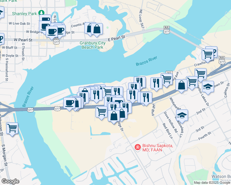 map of restaurants, bars, coffee shops, grocery stores, and more near 916 East US Highway 377 in Granbury
