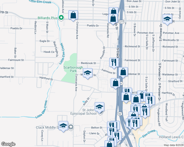 map of restaurants, bars, coffee shops, grocery stores, and more near 5226 Waldemar Street in Abilene