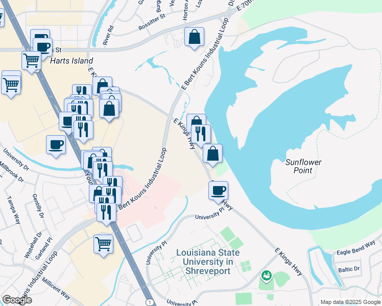 map of restaurants, bars, coffee shops, grocery stores, and more near 7720 East Kings Highway in Shreveport