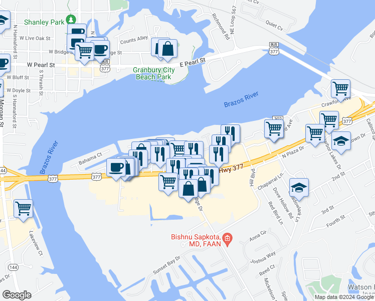 map of restaurants, bars, coffee shops, grocery stores, and more near 916 East US Highway 377 in Granbury