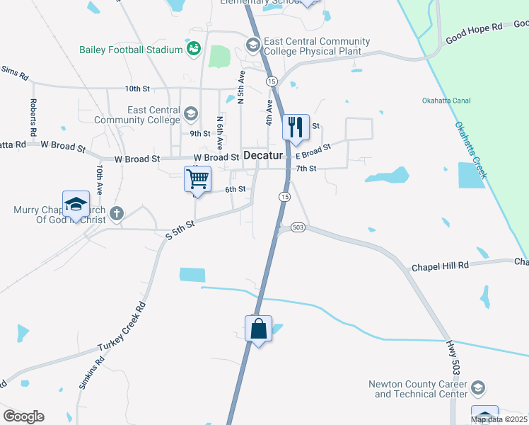 map of restaurants, bars, coffee shops, grocery stores, and more near 15162 Mississippi 15 in Decatur