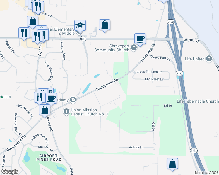 map of restaurants, bars, coffee shops, grocery stores, and more near 5919 Buncombe Road in Shreveport