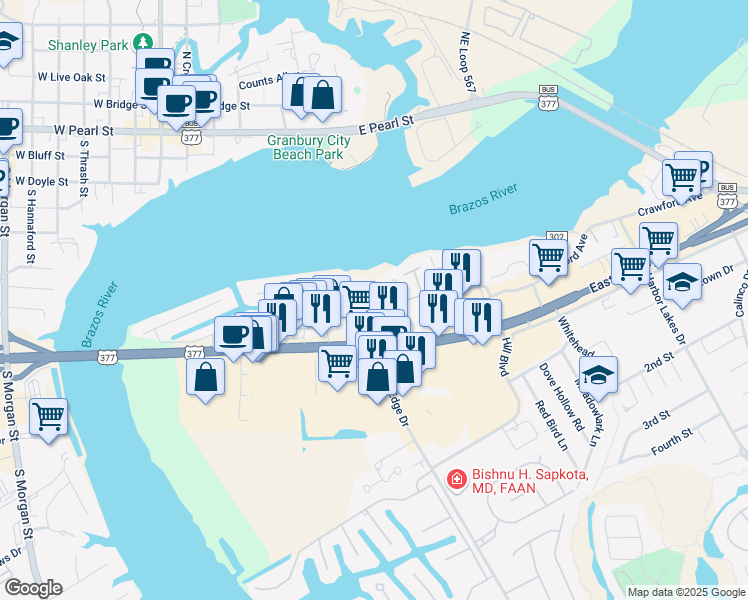 map of restaurants, bars, coffee shops, grocery stores, and more near 916 East US Highway 377 in Granbury