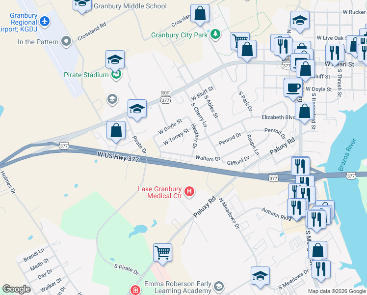 map of restaurants, bars, coffee shops, grocery stores, and more near 111 Melynn Ct in Granbury
