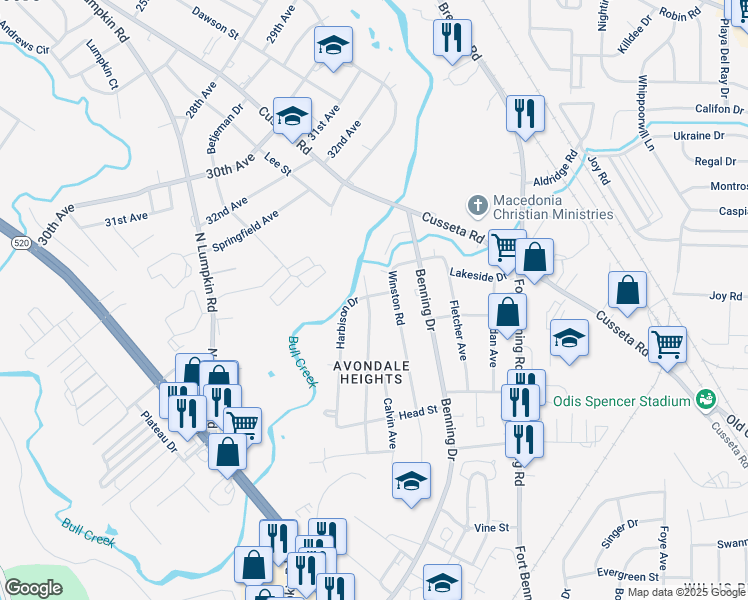 map of restaurants, bars, coffee shops, grocery stores, and more near 708 Harbison Drive in Columbus