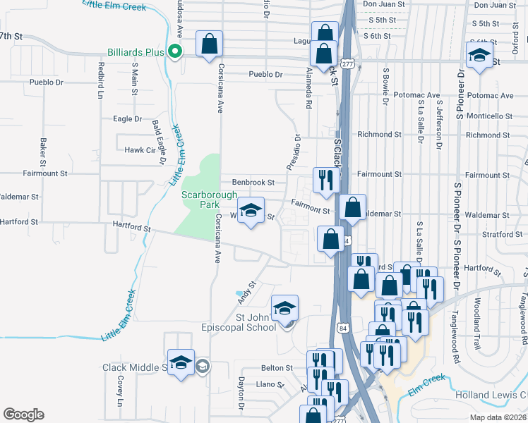 map of restaurants, bars, coffee shops, grocery stores, and more near 5226 Waldemar Street in Abilene