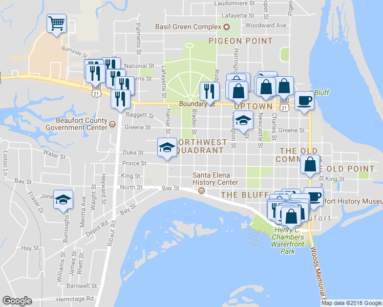 map of restaurants, bars, coffee shops, grocery stores, and more near 1608 Duke Street in Beaufort