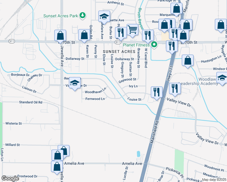 map of restaurants, bars, coffee shops, grocery stores, and more near 3218 Red Bud Lane in Shreveport