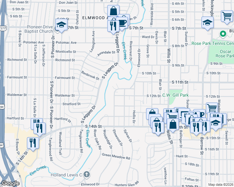 map of restaurants, bars, coffee shops, grocery stores, and more near 1151 Elmwood Drive in Abilene
