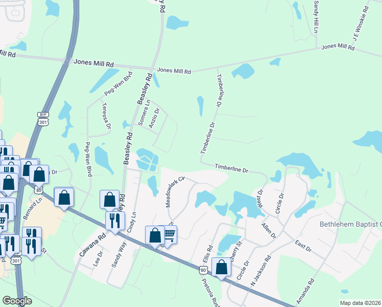 map of restaurants, bars, coffee shops, grocery stores, and more near 208 Timberline Drive in Statesboro