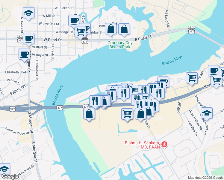 map of restaurants, bars, coffee shops, grocery stores, and more near 607 Panama Court in Granbury