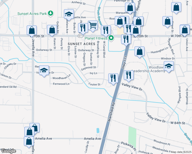 map of restaurants, bars, coffee shops, grocery stores, and more near 3036 Valley View Drive in Shreveport