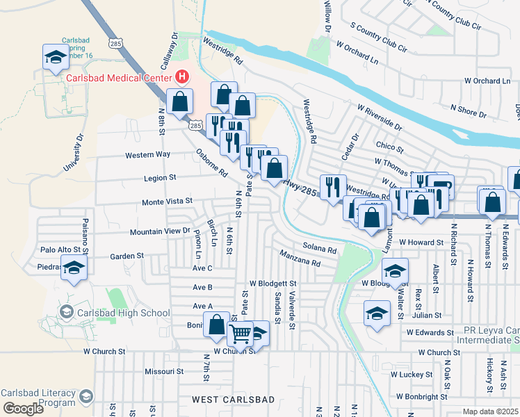 map of restaurants, bars, coffee shops, grocery stores, and more near 2206 Mountain View Drive in Carlsbad