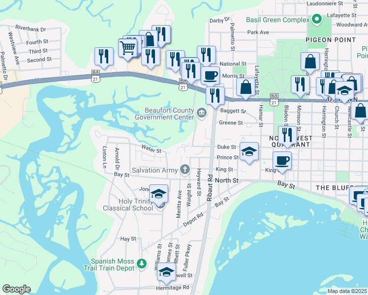 map of restaurants, bars, coffee shops, grocery stores, and more near 2318 Duke Street in Beaufort