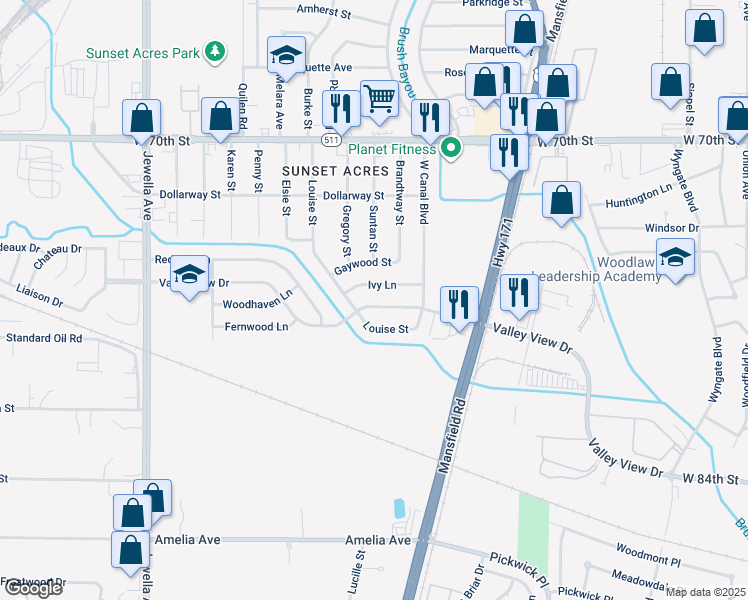 map of restaurants, bars, coffee shops, grocery stores, and more near 3036 Valley View Drive in Shreveport
